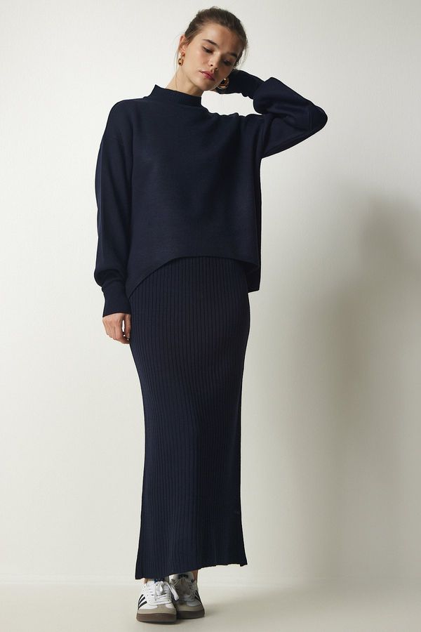 Happiness İstanbul Happiness İstanbul Women's Navy Blue Ribbed Knitwear Sweater Dress