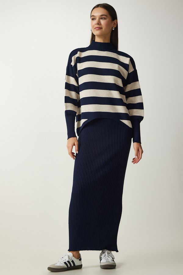 Happiness İstanbul Happiness İstanbul Women's Navy Blue Striped Sweater Dress Knitwear Suit