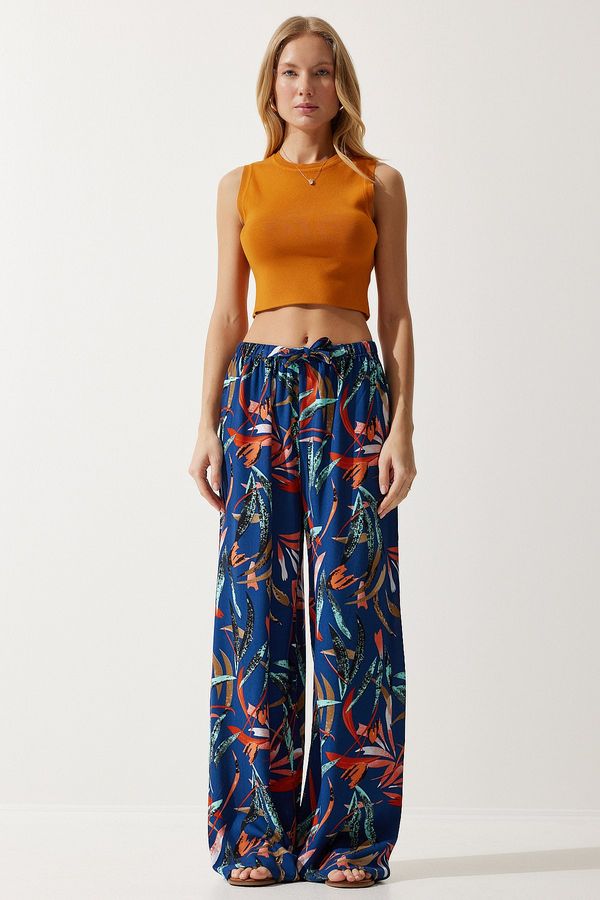 Happiness İstanbul Happiness İstanbul Women's Navy Blue Tile Patterned Flowing Viscose Palazzo Trousers