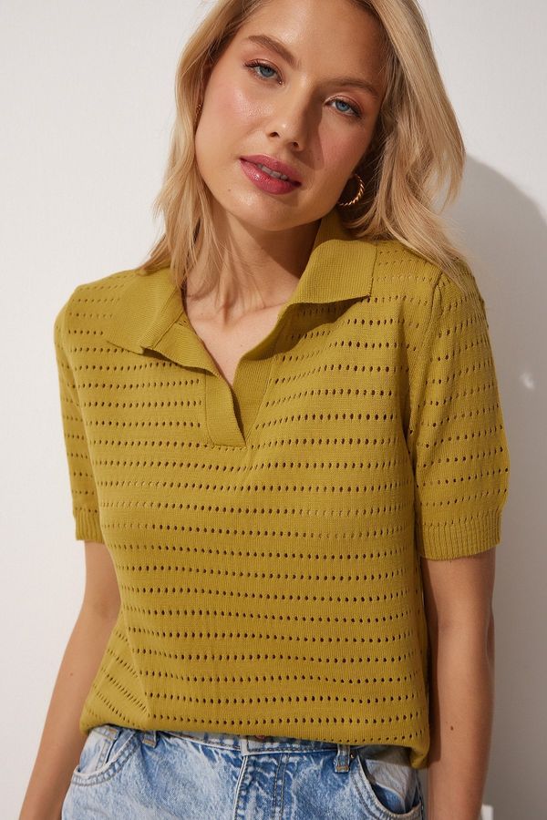 Happiness İstanbul Happiness İstanbul Women's Oil Green Polo Neck Openwork Summer Knitwear Blouse