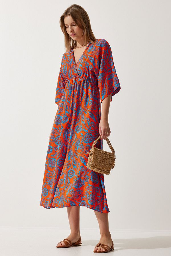 Happiness İstanbul Happiness İstanbul Women's Orange Blue Wrapover Neck Patterned Summer Viscose Dress