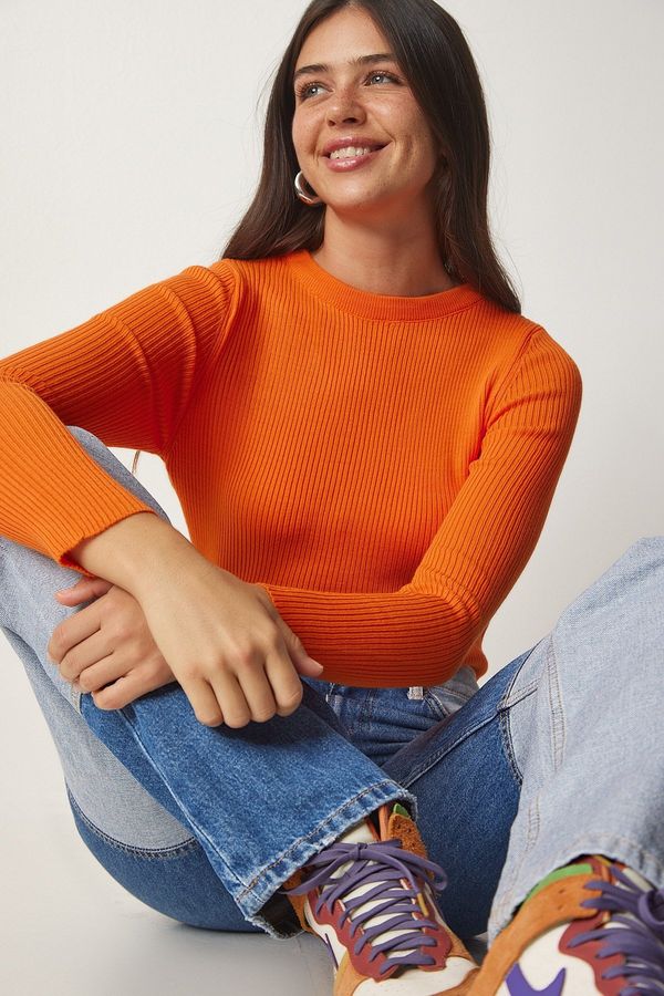 Happiness İstanbul Happiness İstanbul Women's Orange Crew Neck Ribbed Knitwear Sweater