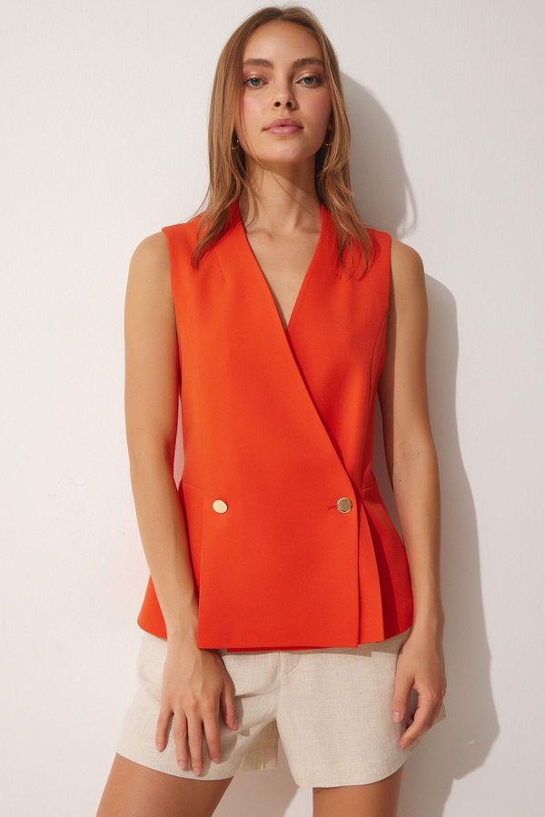 Happiness İstanbul Happiness İstanbul Women's Orange Double Breasted Buttoned Woven Vest