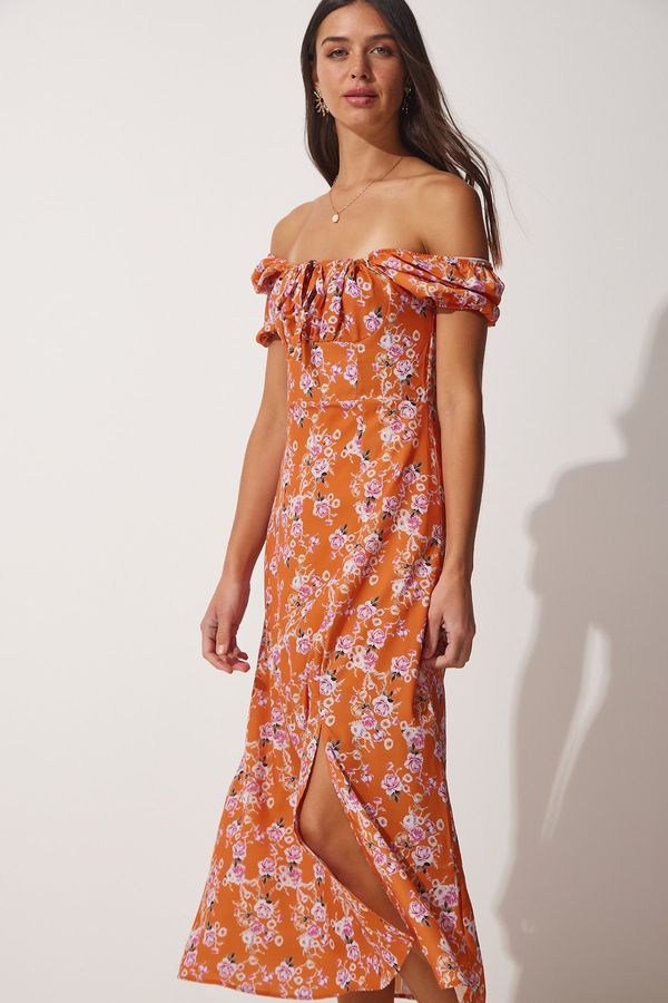 Happiness İstanbul Happiness İstanbul Women's Orange Gathered Collar Floral Satin Surface Summer Dress