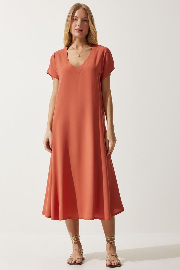 Happiness İstanbul Happiness İstanbul Women's Orange V-Neck Summer Flowy Viscose Dress