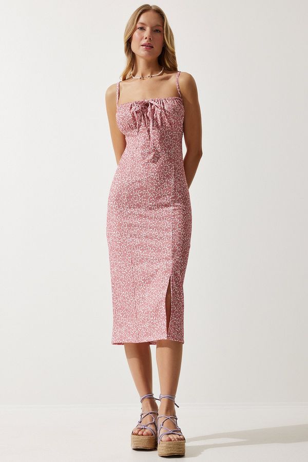 Happiness İstanbul Happiness İstanbul Women's Pale Pink White Floral Slit Summer Knitted Dress