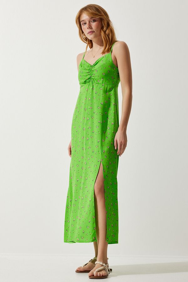 Happiness İstanbul Happiness İstanbul Women's Peanut Green Strappy Patterned Viscose Dress