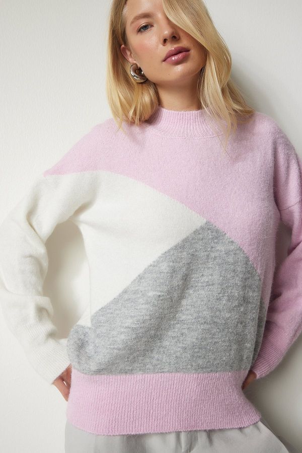 Happiness İstanbul Happiness İstanbul Women's Pink Ecru Color Block High Neck Knitwear Sweater