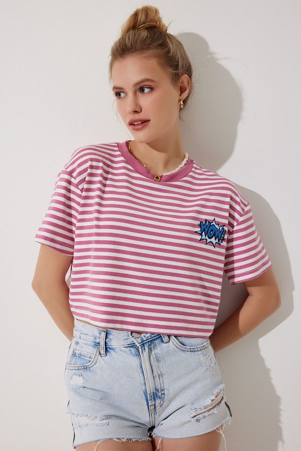 Happiness İstanbul Happiness İstanbul Women's Pink Embroidery Detailed Striped 100% Cotton Crop Knitted T-Shirt