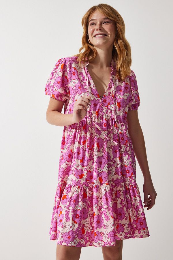 Happiness İstanbul Happiness İstanbul Women's Pink Floral Summer Viscose Flared Dress