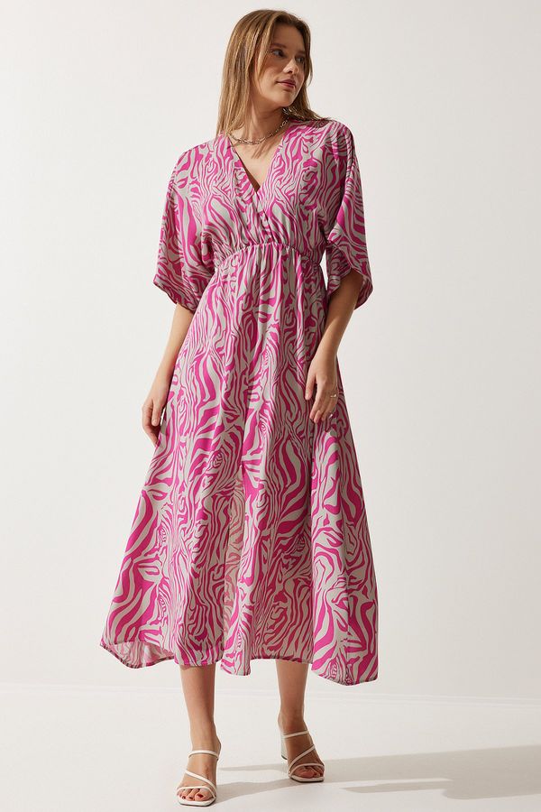 Happiness İstanbul Happiness İstanbul Women's Pink Gray Wrapover Neck Patterned Summer Viscose Dress