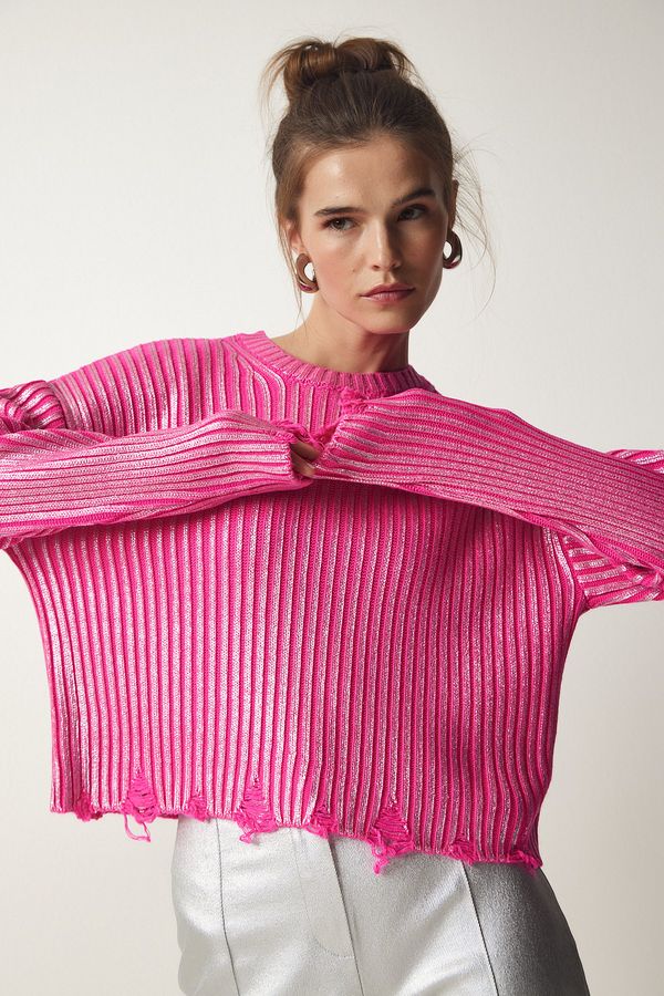 Happiness İstanbul Happiness İstanbul Women's Pink Ripped Detail Shiny Knitwear Sweater
