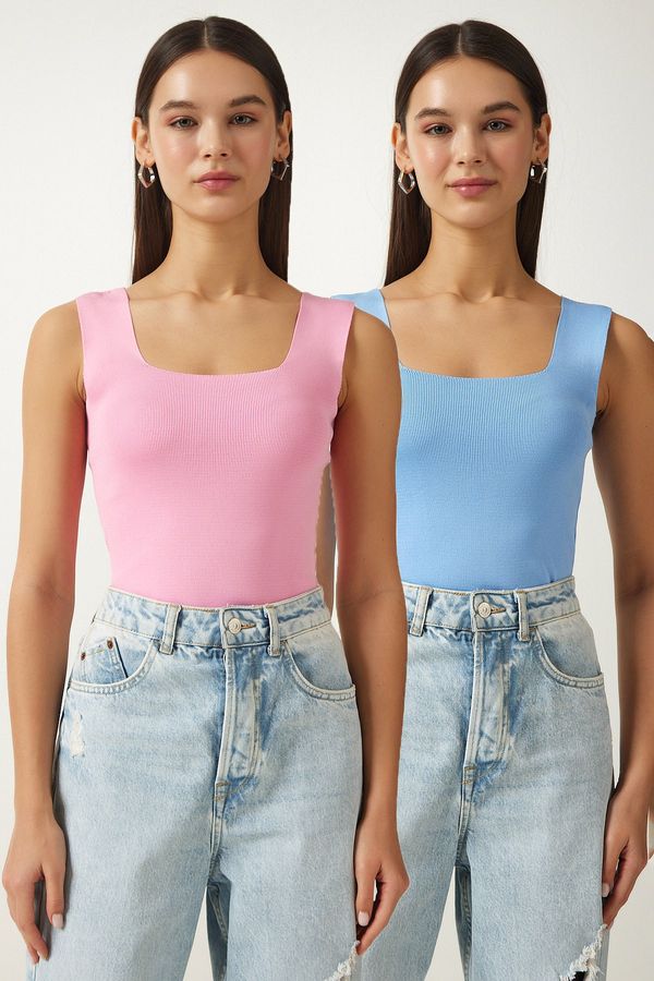 Happiness İstanbul Happiness İstanbul Women's Pink Sky Blue Square Collar Thick Strap 2 Pack Knitwear Blouse