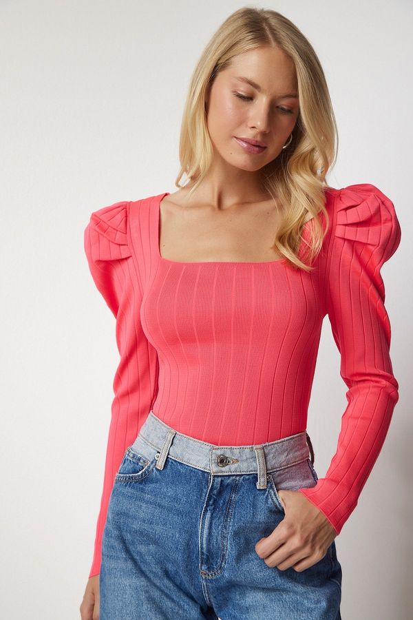 Happiness İstanbul Happiness İstanbul Women's Pink Square Neck Ribbed Knitwear Blouse