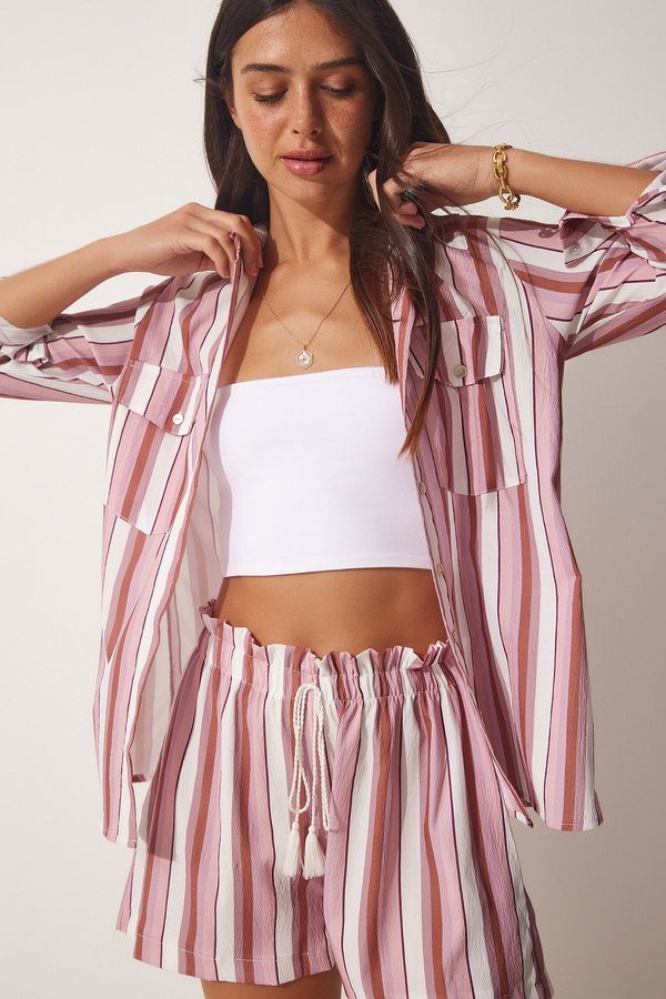Happiness İstanbul Happiness İstanbul Women's Pink Striped Linen Viscose Shirt and Shorts Set