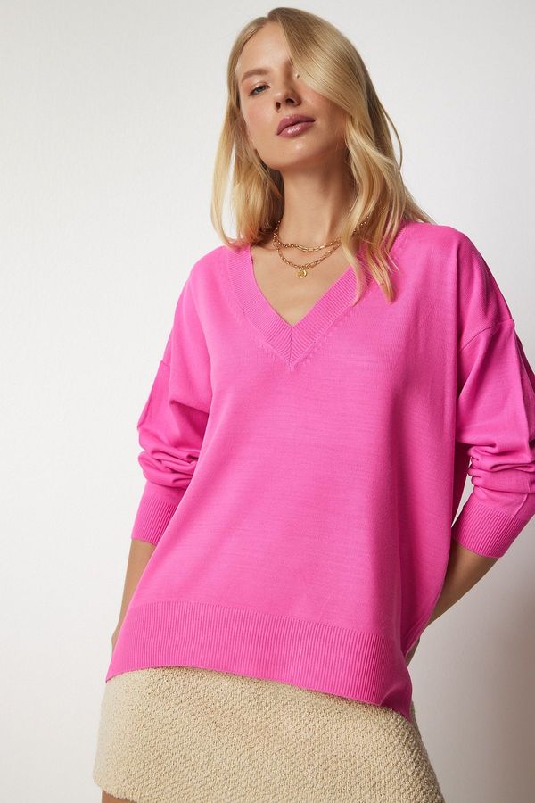 Happiness İstanbul Happiness İstanbul Women's Pink V-Neck Oversize Knitwear Sweater
