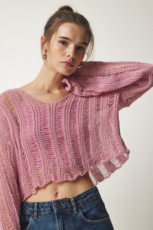 Happiness İstanbul Happiness İstanbul Women's Pink V-Neck Ripped Detail Seasonal Crop Knitwear Sweater