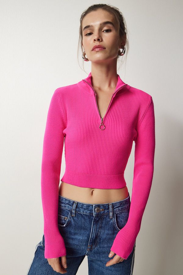 Happiness İstanbul Happiness İstanbul Women's Pink Zipper Ribbed Crop Knitwear Sweater