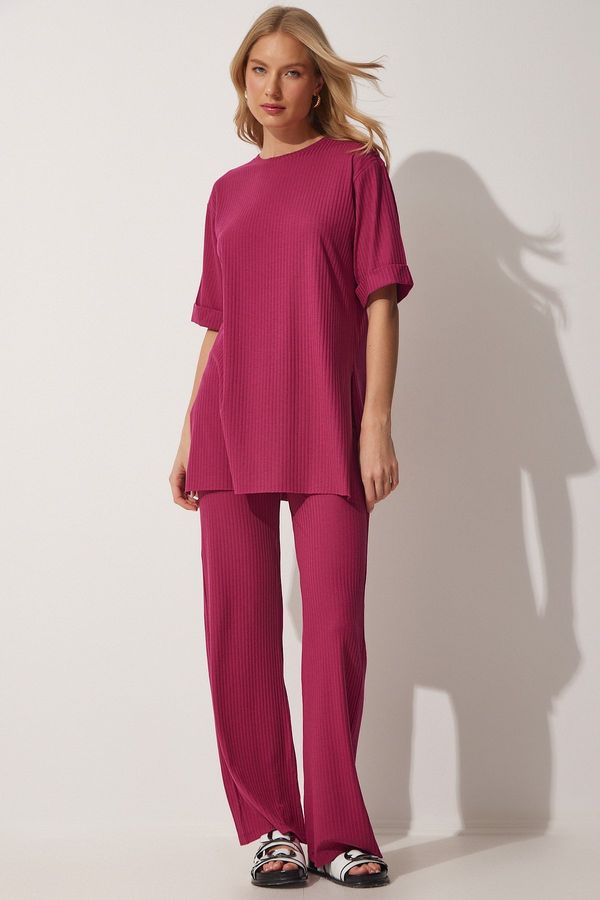 Happiness İstanbul Happiness İstanbul Women's Plum Corduroy Flexible Knit Top and Bottom Set