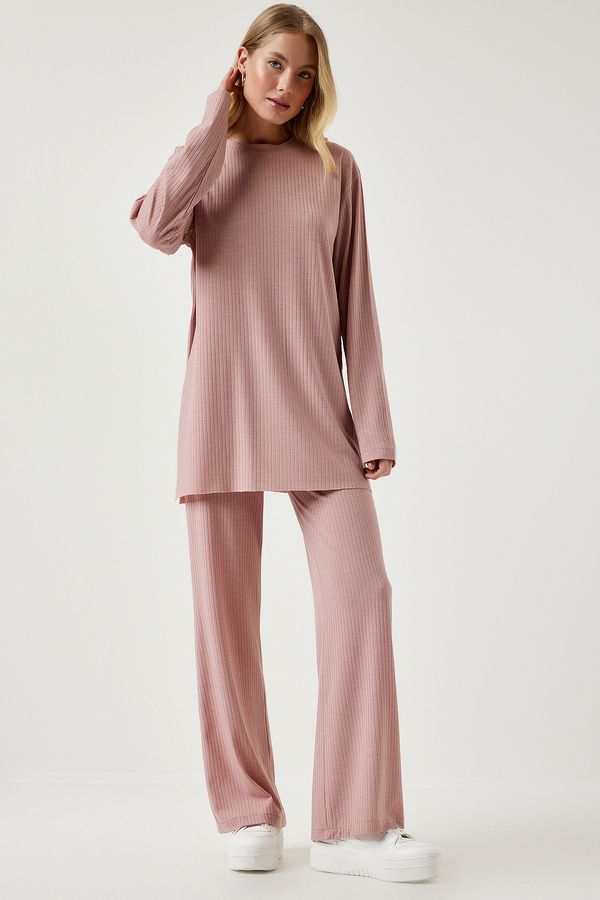 Happiness İstanbul Happiness İstanbul Women's Powder Ribbed Knitted Blouse With Trousers Suit