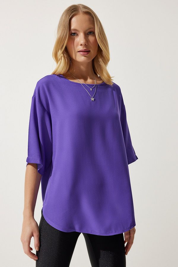 Happiness İstanbul Happiness İstanbul Women's Purple Crew Neck Flowy Viscose Blouse