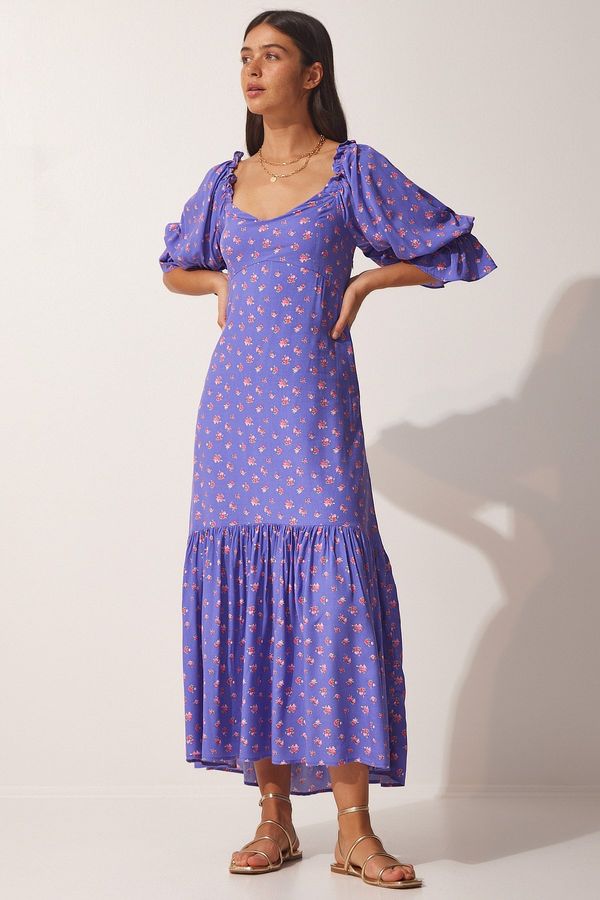 Happiness İstanbul Happiness İstanbul Women's Purple Patterned Heart Collar Viscose Dress