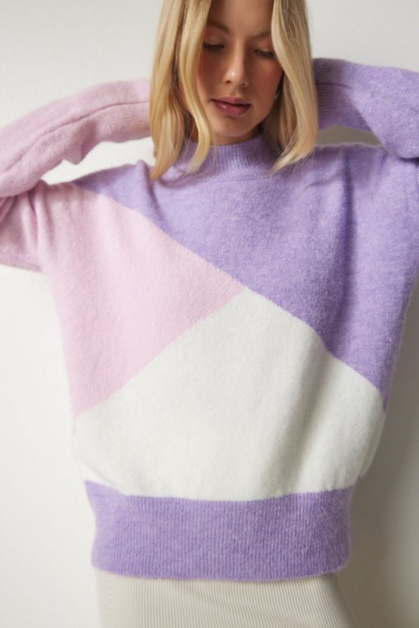 Happiness İstanbul Happiness İstanbul Women's Purple Pink Block Color Stand Collar Knitwear Sweater