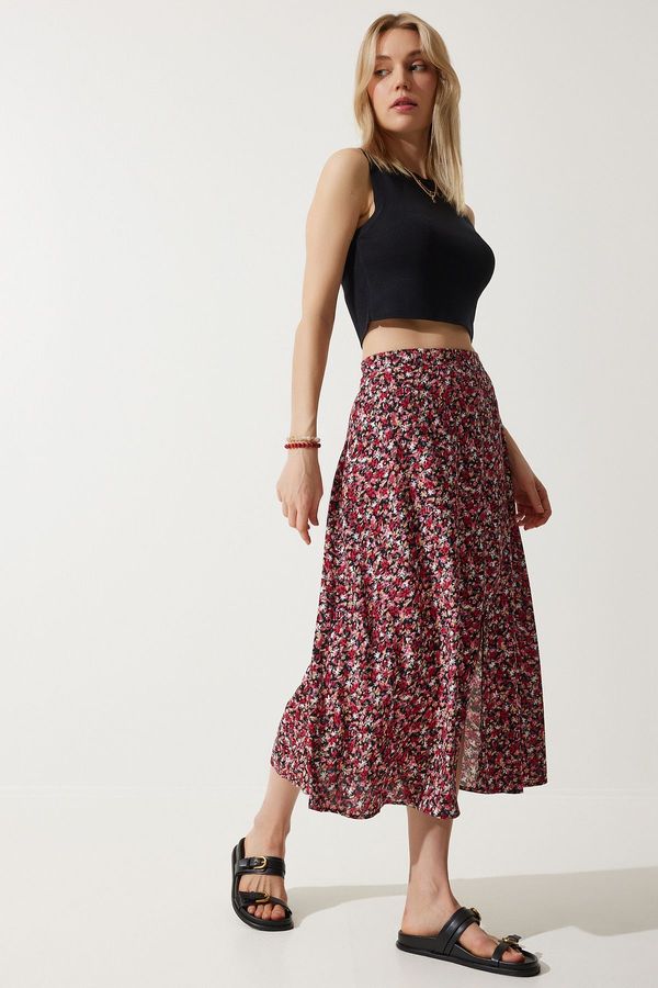 Happiness İstanbul Happiness İstanbul Women's Red Black Floral Slit Summer Viscose Skirt