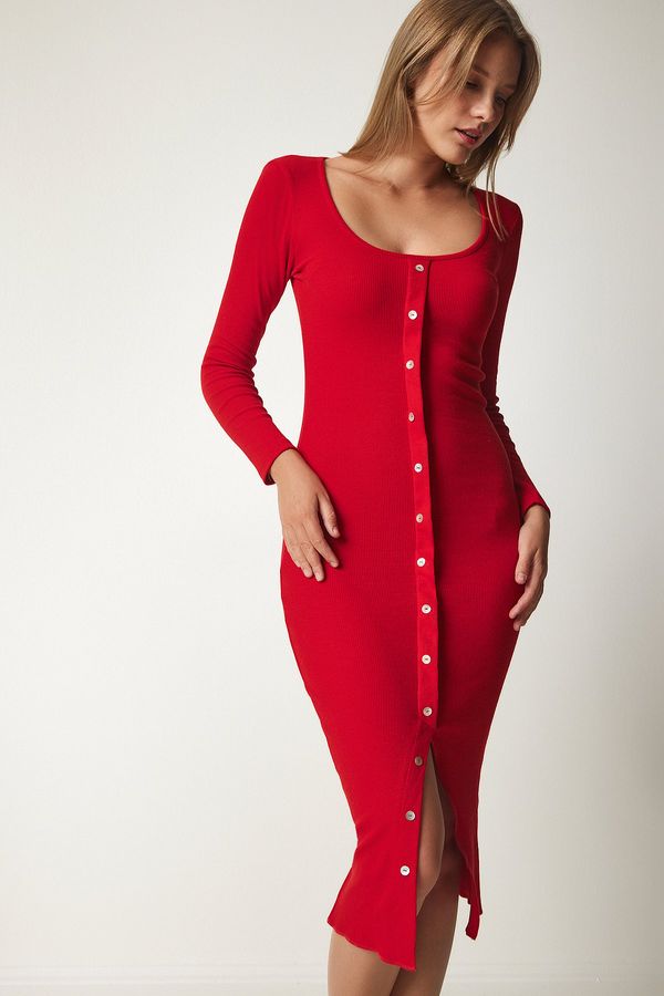 Happiness İstanbul Happiness İstanbul Women's Red Button Detailed Ribbed Saran Knitted Dress