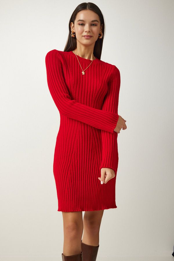 Happiness İstanbul Happiness İstanbul Women's Red Corded A-Line Knitwear Dress