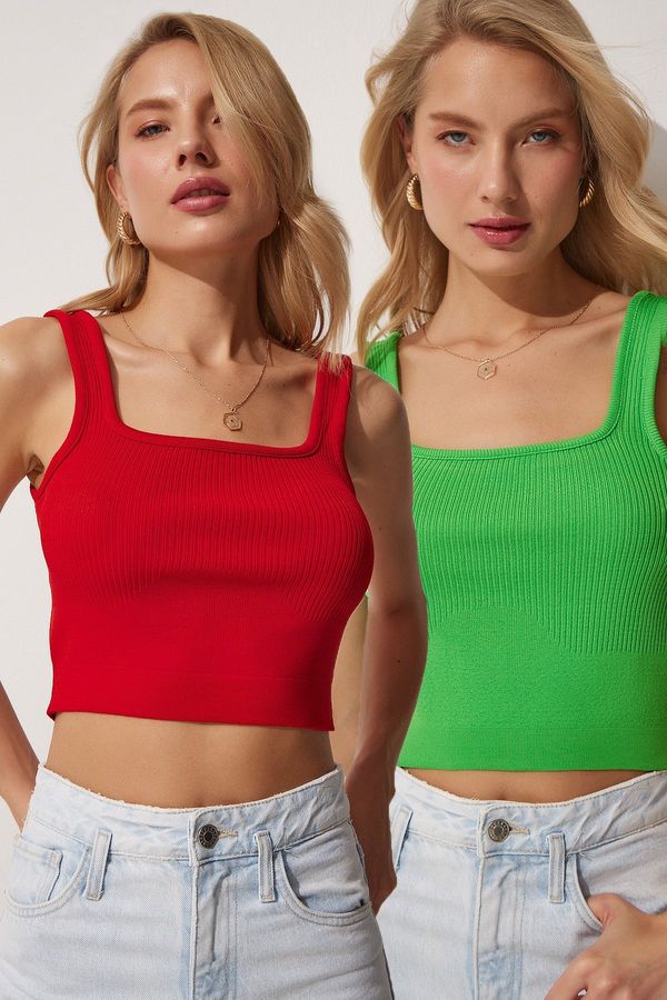 Happiness İstanbul Happiness İstanbul Women's Red Green 2 Pieces Summer Tricot Crop Blouse