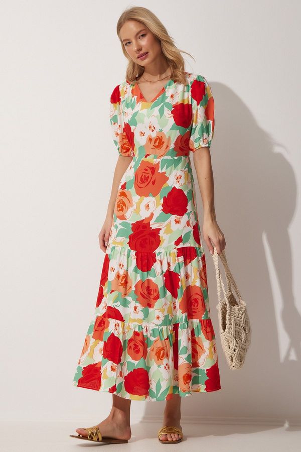 Happiness İstanbul Happiness İstanbul Women's Red Green Floral V Neck Summer Woven Dress