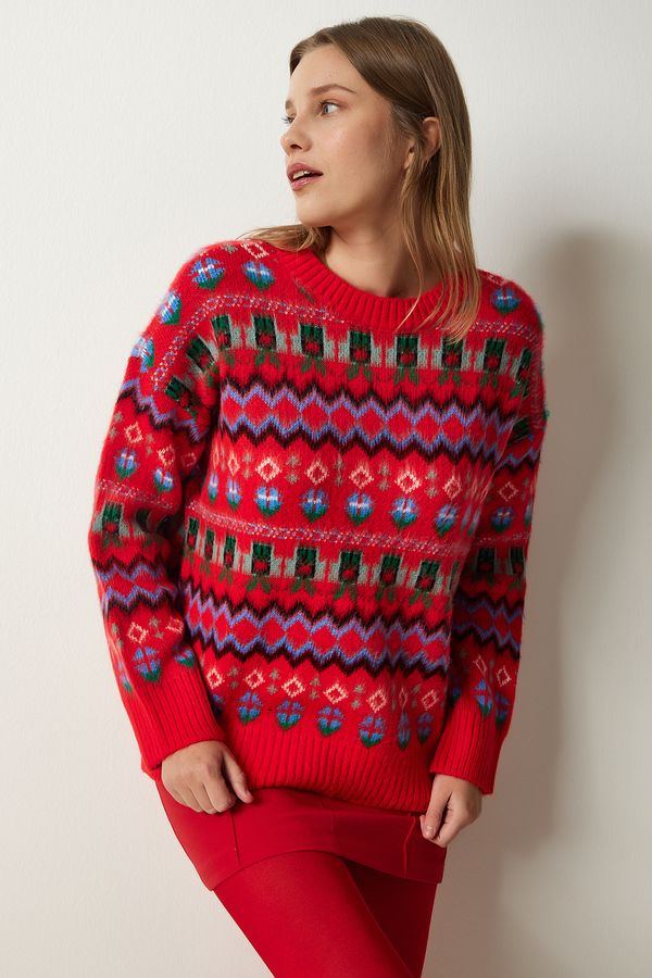 Happiness İstanbul Happiness İstanbul Women's Red Patterned Wool Knitwear Sweater