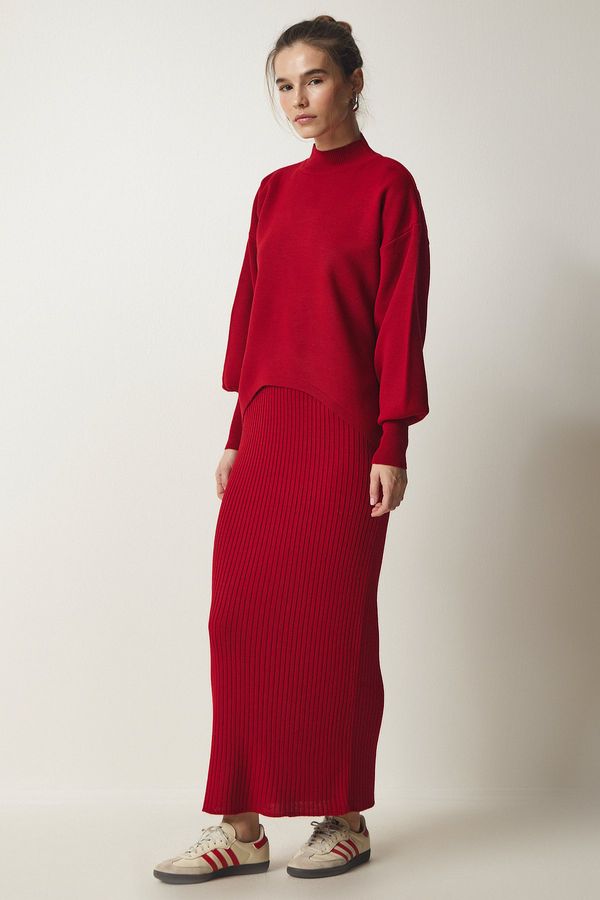 Happiness İstanbul Happiness İstanbul Women's Red Ribbed Knitwear Sweater Dress