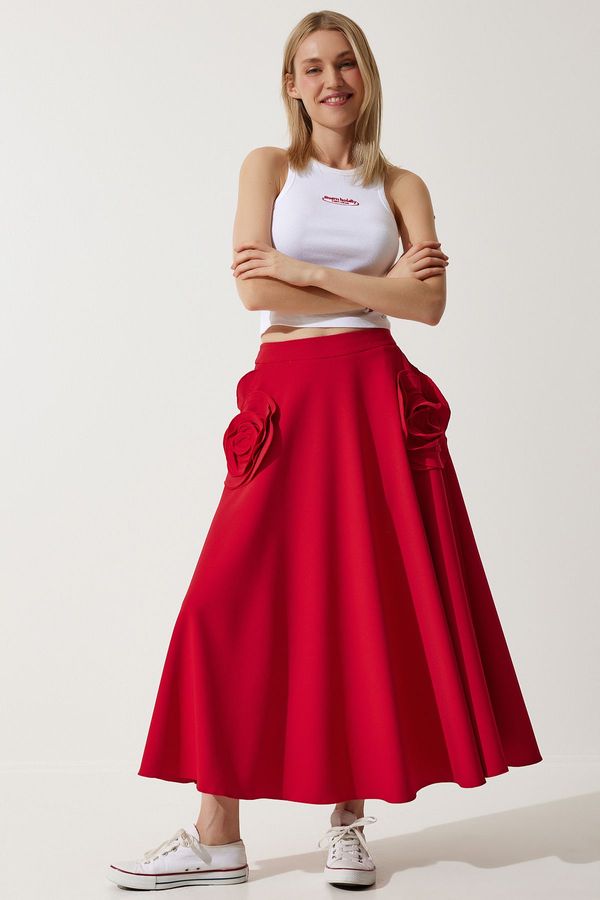Happiness İstanbul Happiness İstanbul Women's Red Rose Accessory Design Premium Midi Skirt