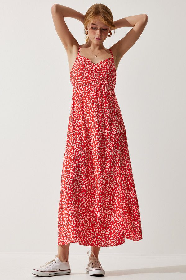 Happiness İstanbul Happiness İstanbul Women's Red Strap Patterned Viscose Dress
