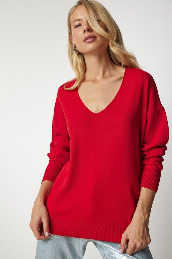 Happiness İstanbul Happiness İstanbul Women's Red V-Neck Fine Knitwear Sweater