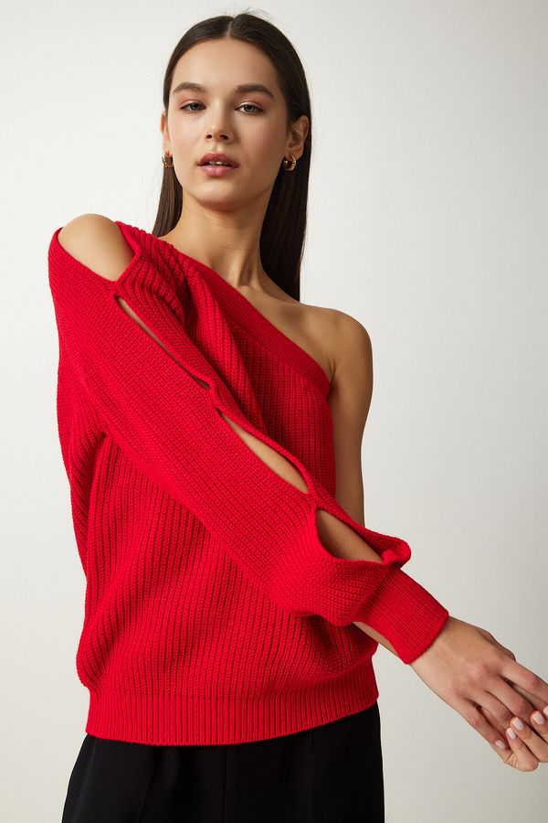 Happiness İstanbul Happiness İstanbul Women's Red Window Detailed Single Sleeve Knitwear Sweater