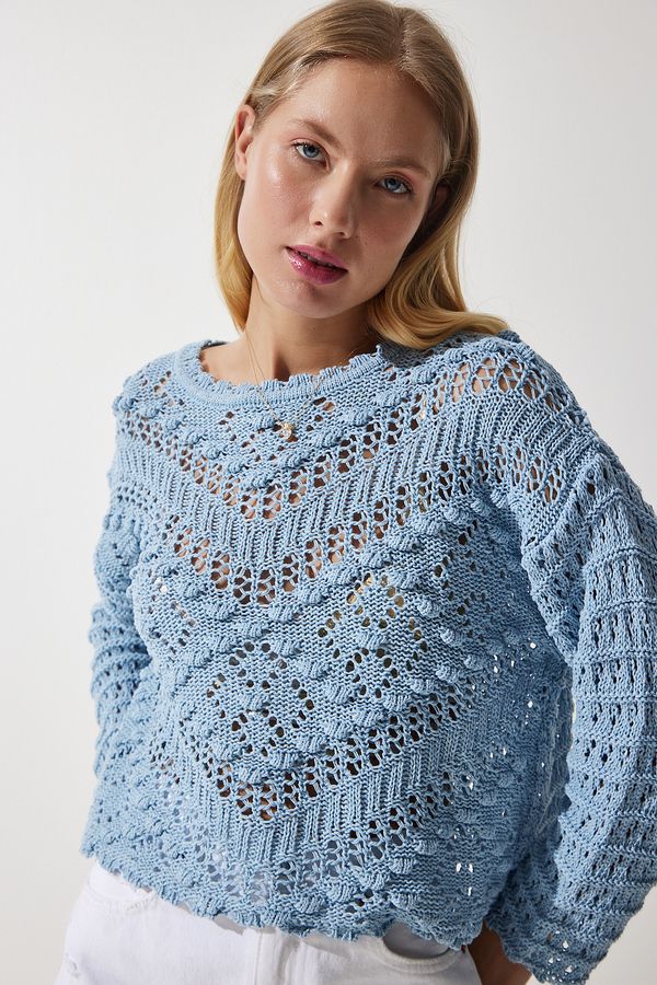 Happiness İstanbul Happiness İstanbul Women's Sky Blue Boat Neck Summer Summer Openwork Knitwear Sweater