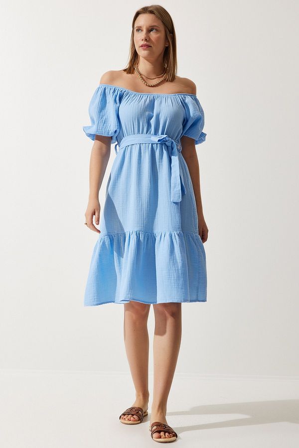 Happiness İstanbul Happiness İstanbul Women's Sky Blue Carmen Collar Belted Summer Muslin Dress