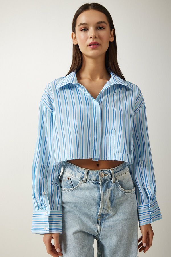 Happiness İstanbul Happiness İstanbul Women's Sky Blue Striped Crop Cotton Woven Shirt
