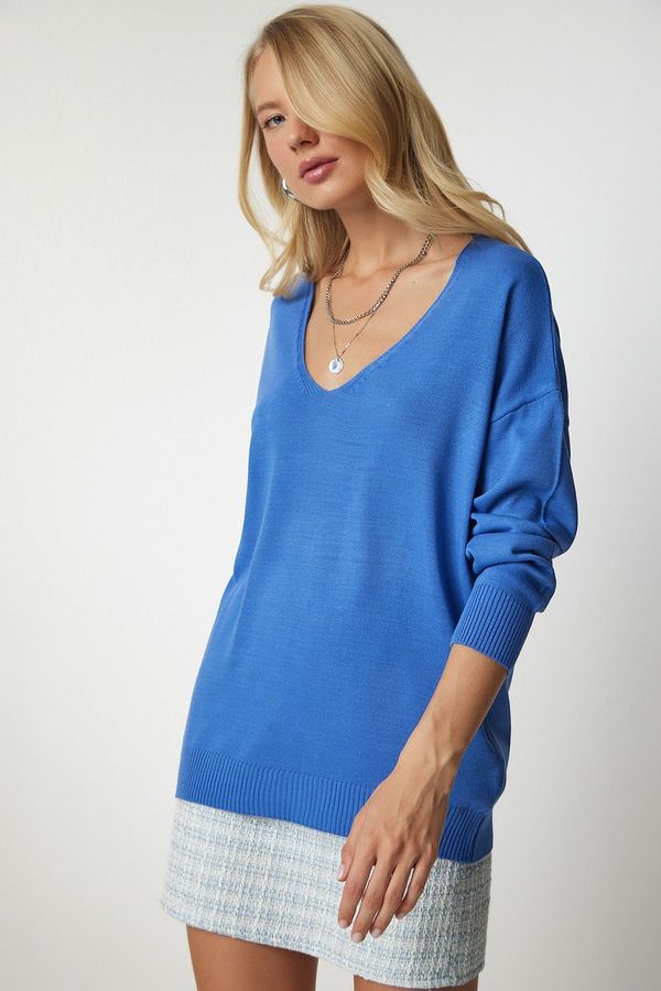 Happiness İstanbul Happiness İstanbul Women's Sky Blue V-Neck Fine Knitwear Sweater