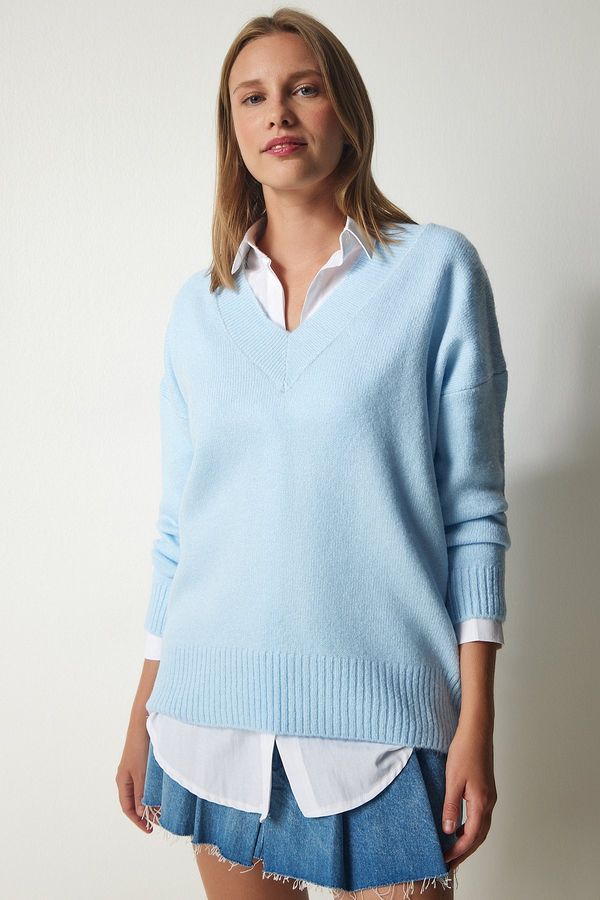 Happiness İstanbul Happiness İstanbul Women's Sky Blue V-Neck Oversize Knitwear Sweater
