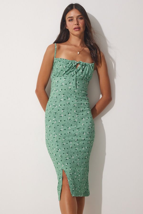 Happiness İstanbul Happiness İstanbul Women's Turquoise Floral Pleated Collar Summer Knitted Dress