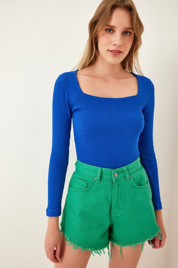 Happiness İstanbul Happiness İstanbul Women's Vivid Blue Square Neck Ribbed Knitted Blouse