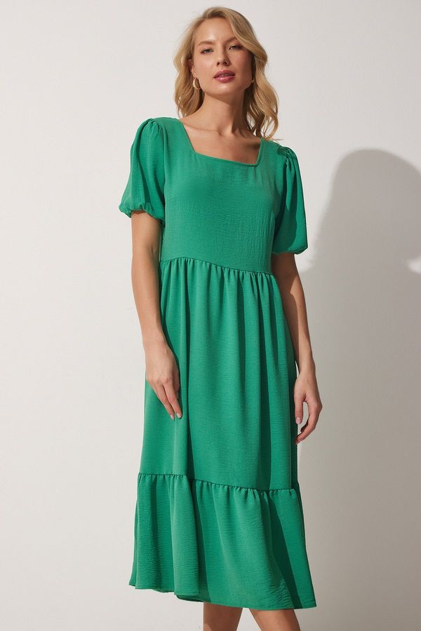 Happiness İstanbul Happiness İstanbul Women's Vivid Green Square Neck Summer Ayrobin Dress