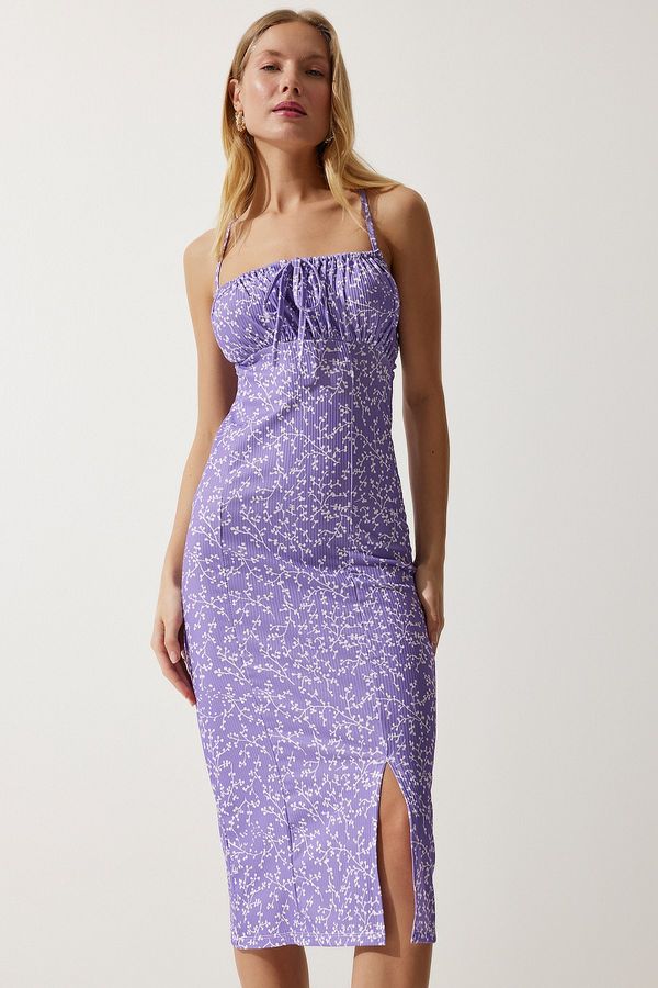 Happiness İstanbul Happiness İstanbul Women's Vivid Lilac White Floral Slit Summer Knitted Dress
