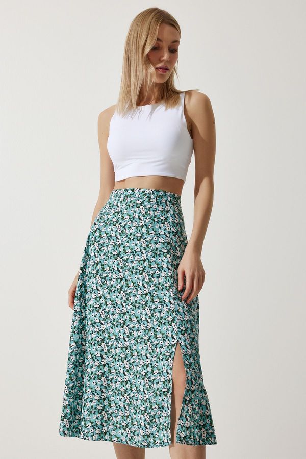 Happiness İstanbul Happiness İstanbul Women's Water Green White Floral Slit Summer Viscose Skirt