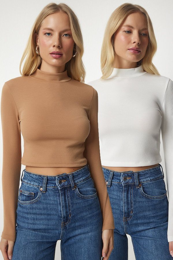 Happiness İstanbul Happiness İstanbul Women's White Biscuit High Neck Ribbed Camisole 2-Pack Crop Blouse