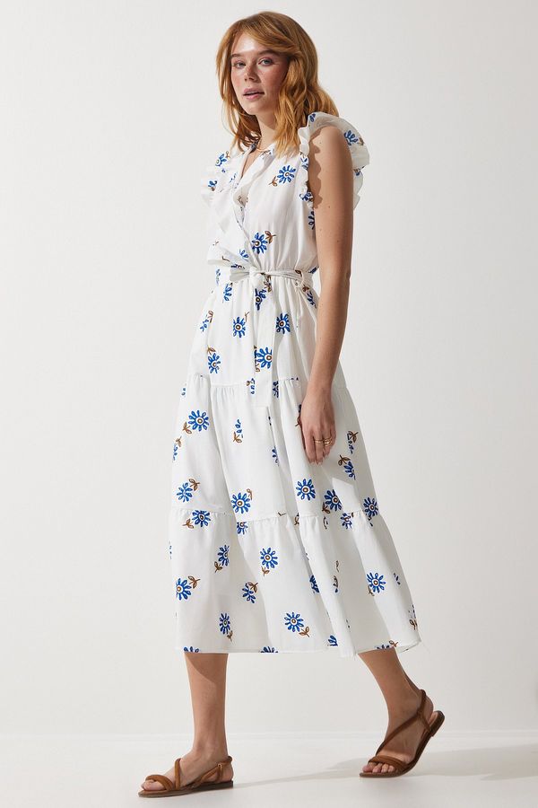 Happiness İstanbul Happiness İstanbul Women's White Floral Belted Ruffle Detail Summer Dress